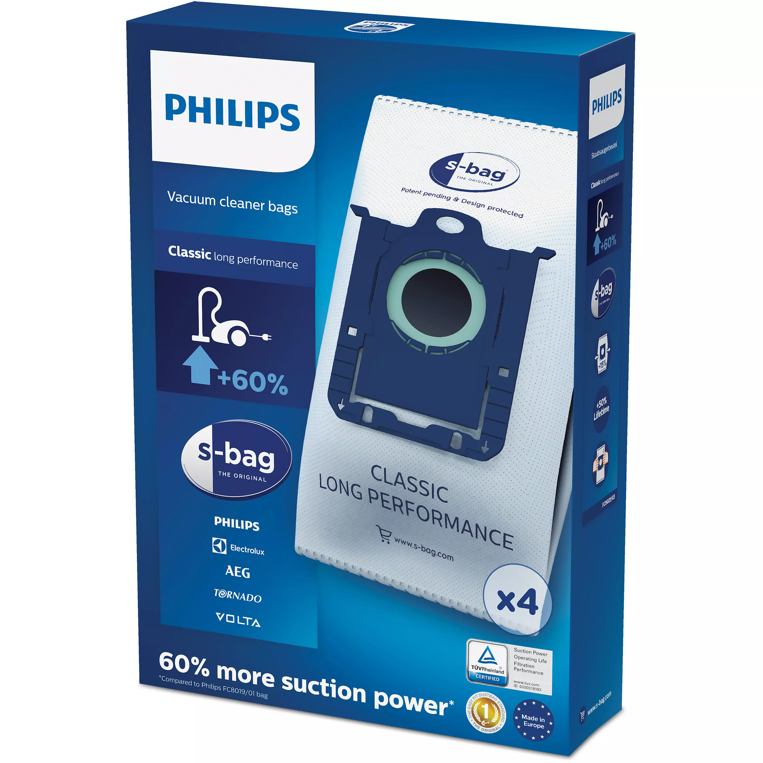 Saci pentru aspiratoare Philips s-bag FC8021/03, 4 buc., Material sintetic cu patru straturi, Albast