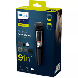 Тример 9в1 Philips MG3740/15, Мултифункционален, 60 мин работа, Самонаточващи се ножчета, Миещи се приставки, Черен