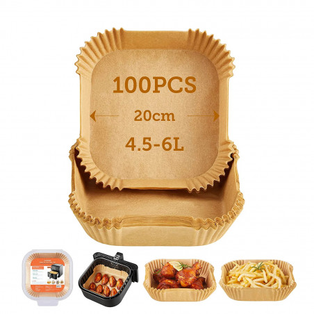 Paper liners for the Cosori CLR-R601-NEU hot air fryer, 100 sheets, 20 x 20 cm, heat-resistant up to 230°C, Brown