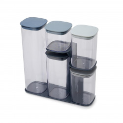 Σετ δοχεία αποθήκευσης Joseph Joseph Podium 81106, 5 τμχ, BPA Free, Γυαλί, Βάση, Μπλε