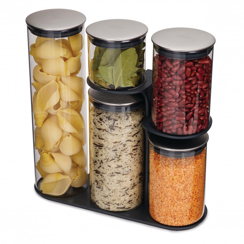 Joseph Joseph Podium 95035 Storage Jar Set with Stand, 5-Piece Set, Stainless Steel