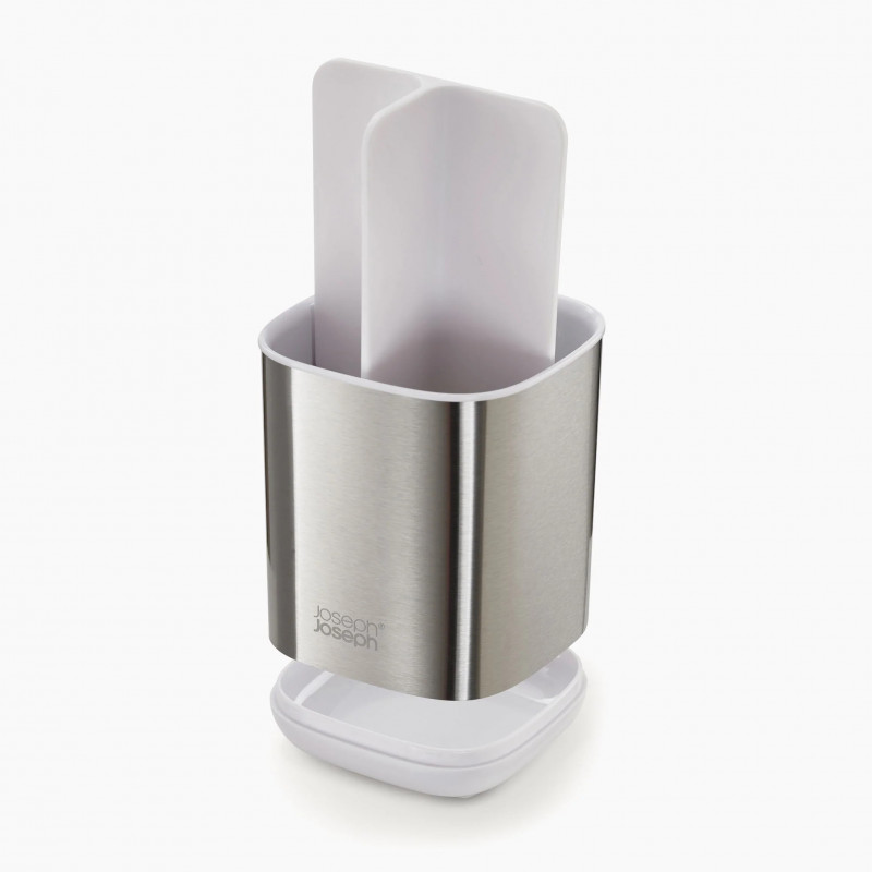 Joseph Joseph EasyStore Toothbrush Holder 70530, 12 x 9.5 x 9.5 cm, 3 compartments, collapsible, drainage hole, white/stainless steel
