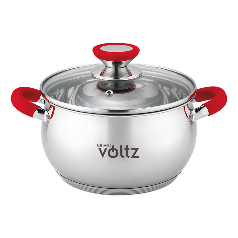 Κατσαρόλα Oliver Voltz OV51210N24, 24 cm, 6 l, Επαγωγή, Κόκκινες λαβές από σιλικόνη, Inox/Κόκκινος