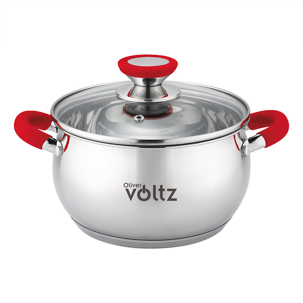 Тенджера Oliver Voltz OV51210N24, 24 см, 6 л, Индукция, Силиконови дръжки, Инокс/червен
