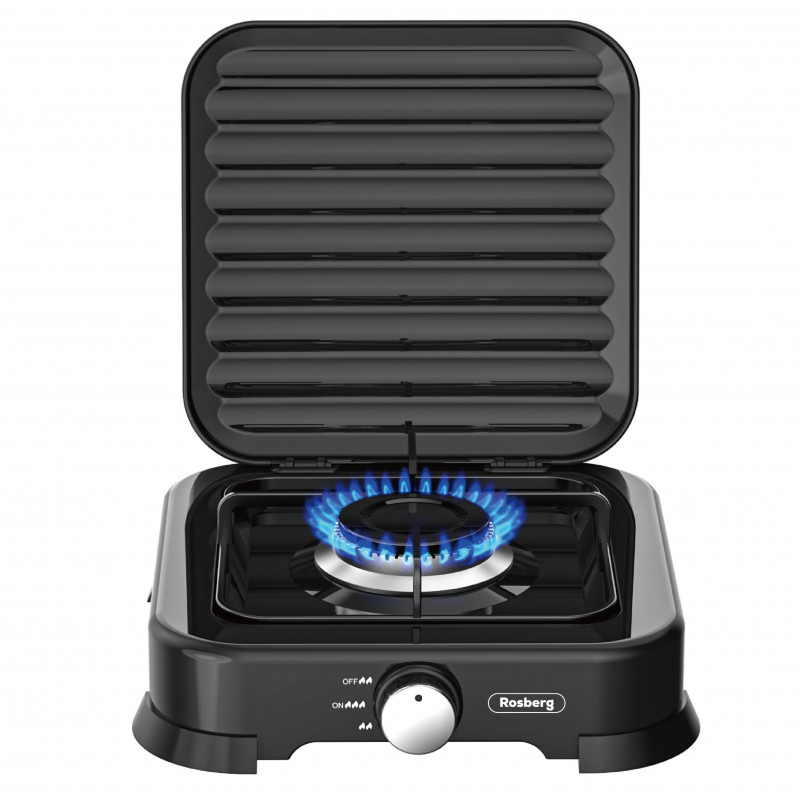 Rosberg R51454D1 Single-Burner Gas Stove with Lid, 2.2 kWh, 30 mbar, Carbon Steel, Black