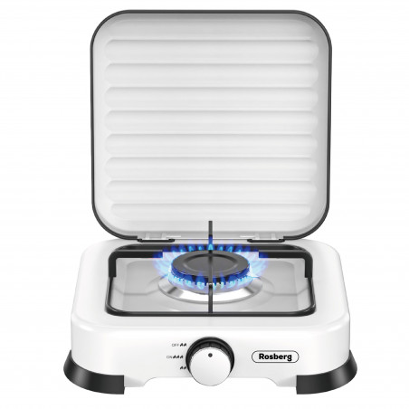 Rosberg R51454D1 Single-Burner Gas Stove with Lid, 2.2 kWh, 30 mbar, Carbon Steel, White