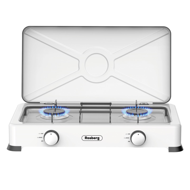 Rosberg R51454E2 Double Gas Stove with Lid, 2 x 2.2 kWh, 30 mbar, Carbon Steel, White