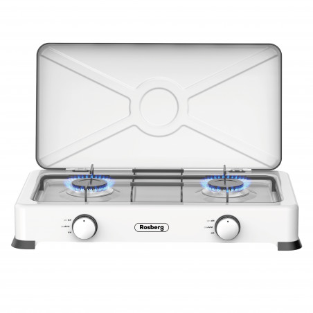 Rosberg R51454E2 Double Gas Stove with Lid, 2 x 2.2 kWh, 30 mbar, Carbon Steel, White