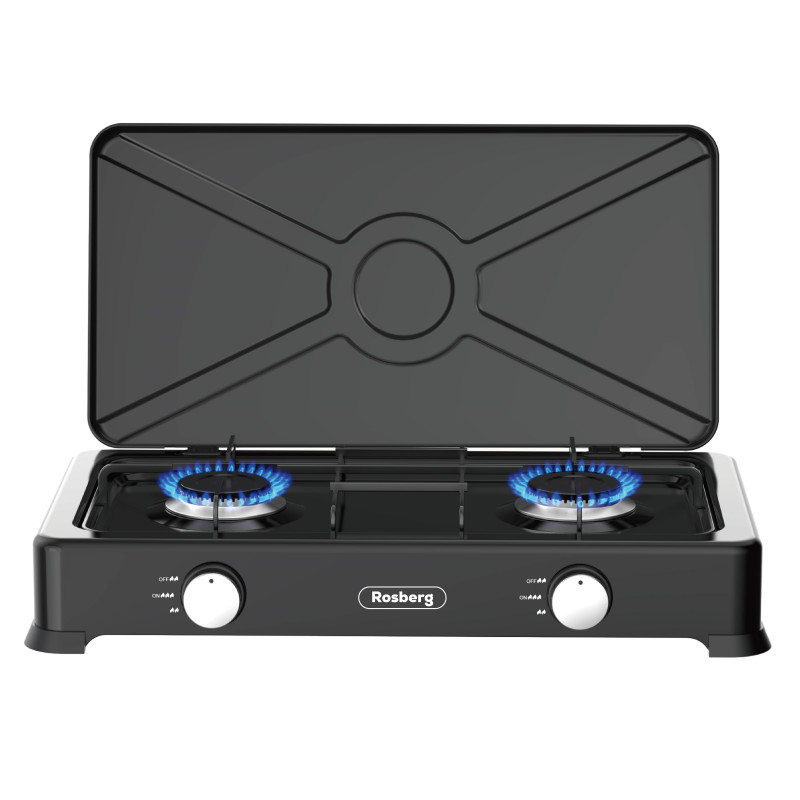 Rosberg R51454E2 Double Gas Stove with Lid, 2 x 2.2 kWh, 30 mbar, Carbon Steel, Black