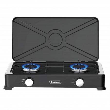 Rosberg R51454E2 Double Gas Stove with Lid, 2 x 2.2 kWh, 30 mbar, Carbon Steel, Black