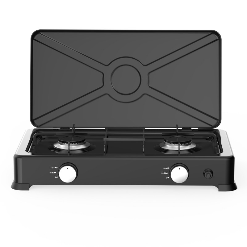 Rosberg R51454E2L Double Gas Stove with Lid, 2 x 2.2 kWh, 30 mbar, Automatic Ignition, Black