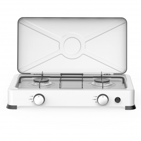Rosberg R51454E2L Double Gas Stove with Lid, 2 x 2.2 kWh, 30 mbar, Automatic Ignition, White