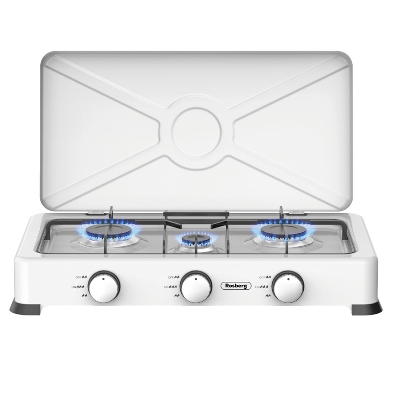 Rosberg R51454E3 Triple Gas Stove with Lid, 3 x 2.2 kWh, 30 mbar, Carbon Steel, White