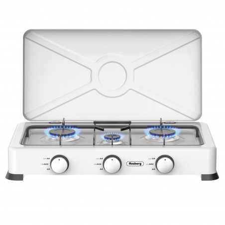 Rosberg R51454E3 Triple Gas Stove with Lid, 3 x 2.2 kWh, 30 mbar, Carbon Steel, White