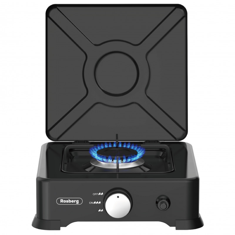 Rosberg R51454E1L Single-Burner Gas Stove with Lid, 2.2 kWh, 30 mbar, Automatic Ignition, Black