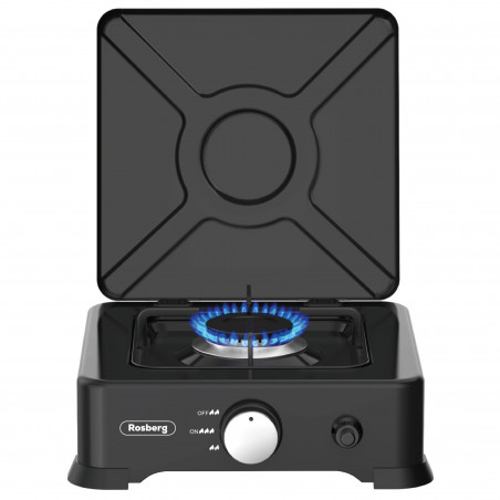 Rosberg R51454E1L Single-Burner Gas Stove with Lid, 2.2 kWh, 30 mbar, Automatic Ignition, Black