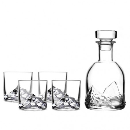 LIITON L10300 Whiskey Glass Set and Bottle, 1 L, 270 ml, 5 pieces, Thickened walls, 3D base shaped like Mount Everest, Clear