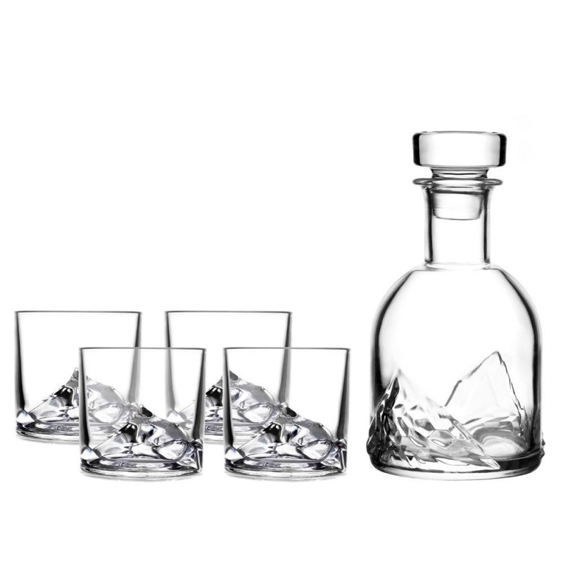 LIITON L20900 Whiskey Glass Set and Bottle, 1 L, 230, 250, 260, 280 ml, 5 pieces, Thickened walls, 3D peak-shaped base, Clear