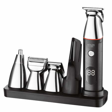 Adler AD 2946 5-in-1 Men's Grooming Kit, 600 mAh, 6 attachments, 60-minute runtime, LCD display, Black/Stainless Steel