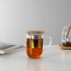 Viva Scandinavia MINIMA BALANCE V71400 Tea Cup with Strainer and Lid, 500 ml, Glass, Bamboo, Clear/Brown