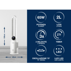 Beper P206RAF300 Tower Fan, 65W, 3 speeds, 2L, Ionization, LED, Touchscreen display, White