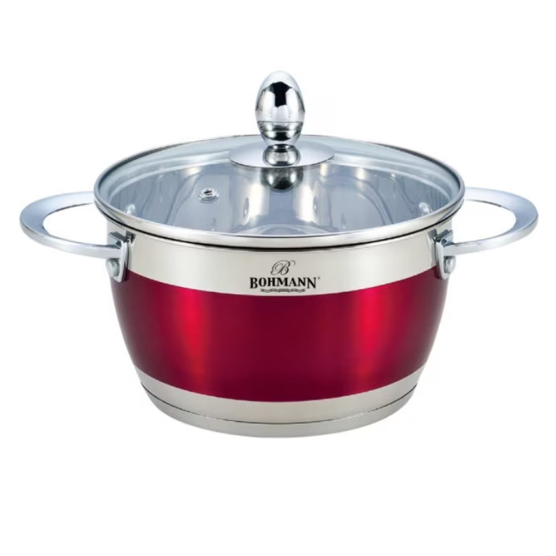 Serpenyő Bohmann BH 1818-22AL, 22 cm, 4,6 l, üvegfedél, indukciós, Inox/piros