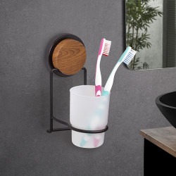 Metalife MGS-711W Toothbrush Holder with Cup, 7 x 12 x 17.5 cm, Black/Wood