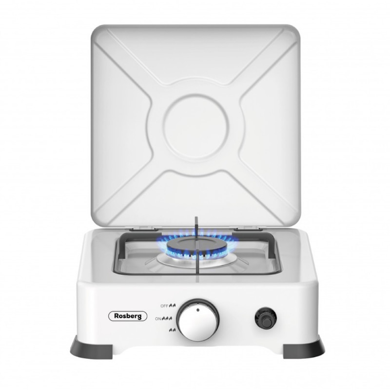 Rosberg R51454E1L Single-Burner Gas Stove with Lid, 2.2 kWh, 30 mbar, Automatic Ignition, White