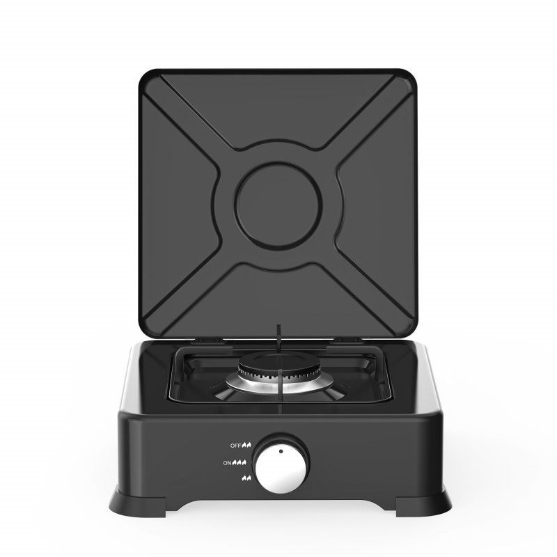 Rosberg R51454E1 Single-Burner Gas Stove with Lid, 2.2 kWh, 30 mbar, Carbon Steel, Black