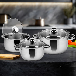 Rosberg R51210O6 Cookware Set, 6 pieces, 3–5 L, Glass Lid, Stainless Steel