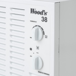 Dezumidificator Woods SW-38FW, Pana la 140 m², 336 m³, 19l/24h, Pentru garaje si subsoluri, Hidrostat, i-EcoDefrost, Rotite, Alb