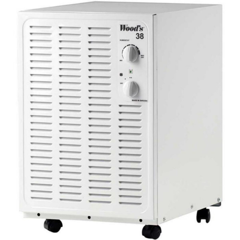Woods SW-38FW Dehumidifier, Up to 140 m², 336 m³, 19 L/24 h, For garages and basements, Hygrostat, i-EcoDefrost, Casters, White