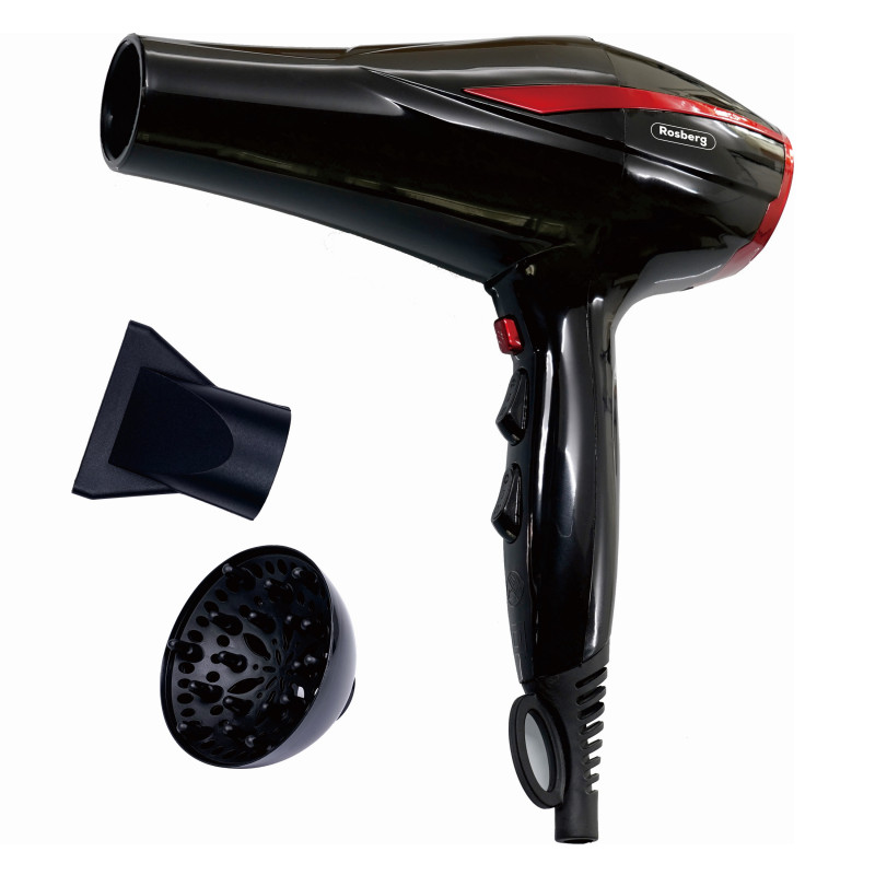 Rosberg R51100OD Hair Dryer, 2200W, 2 speeds, 3 heat settings, Cool shot, Accessories, Black/Red
