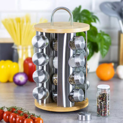 Klausberg KB 7553 Spice Jar Set with Stand, 16 jars, Bamboo and Steel, Stainless Steel/Brown