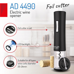 Tirbuson electric Adler AD 4490, Taietor folie, 4 x baterii AA, Negru