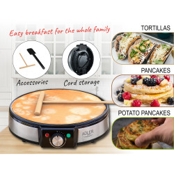 Adler AD 3058 Pancake Maker, 1600W, 30 cm, Accessories Included, Black/Stainless Steel