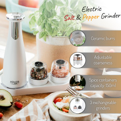 Adler AD 4449W Electric Grinders, 3-Pack, 150 ml, USB, Li-Ion 1500mAh, Ceramic Blades, White