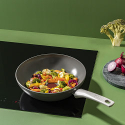 Tigaie wok Tefal C4241943 Renew+, 28 cm, Acoperire ceramica, Thermo-Signal, Thermo-Fusion, Thermo-Spot, Inductie, Gri