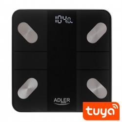 Кантар Adler AD 8186, До 180 кг, LED дисплей, 18 параметри, Tuya Smart, 3 x ААА, Черен