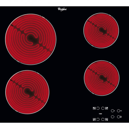 Plită ceramică Whirlpool AKT 8090/NE, 6200W, 4 zone, 9 trepte, indicatori de căldură reziduală, cronometru, negru