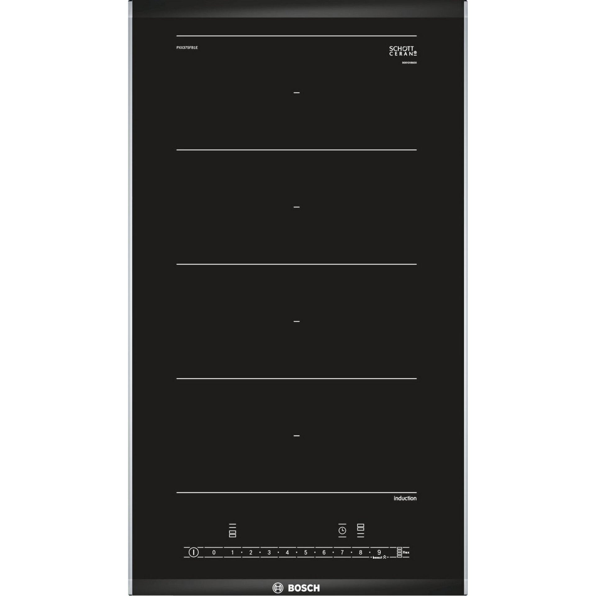 Керамичен плот за вграждане Bosch PXX375FB1E, 3700W, 2 зони, 17 степени, ComfortProfile, QuickStart, Индукционен, Черен