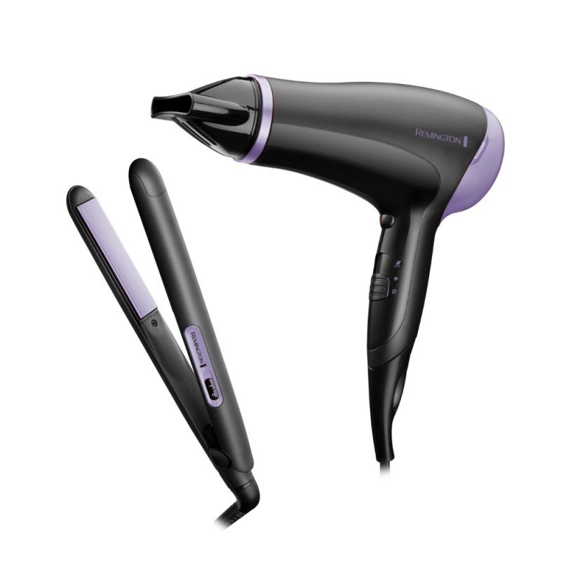 Remington D3016GP Hair Straightener and Hair Dryer Set, Ceramic Coating, Black/Purple