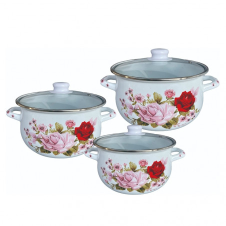 Set 3 oale cu capac din sticla Rosberg R54518E3G, 6 piese, Emailate, Inductie, Alb/Imprimeu floral