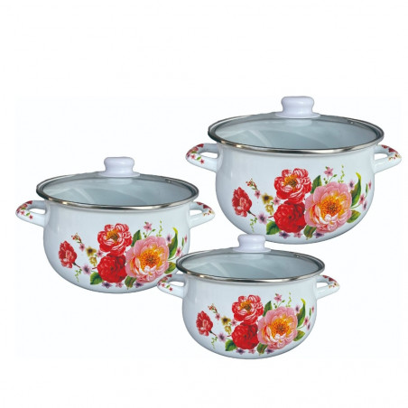 Set 3 oale cu capac din sticla Rosberg Casserole R54518F3G, 6 piese, Email, Capac de sticla, Inductie, tărandafiri în floare, alb