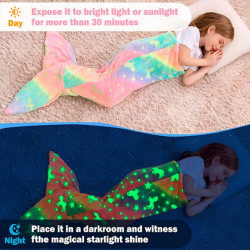 Patura unicorn pentru copii forma coada de sirena Mermaidream, 100x43 cm, Lumineaza in intuneric, Lana, Multicolor