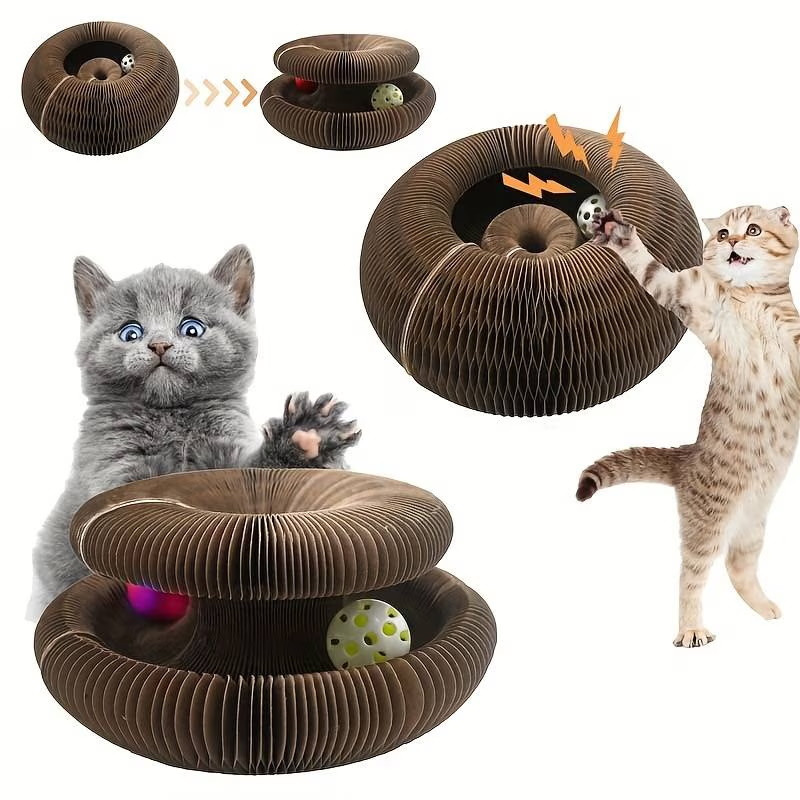 Preyplay Interactive Cat Toy, Scratching Board, Foldable Design, Cat Ball, Brown