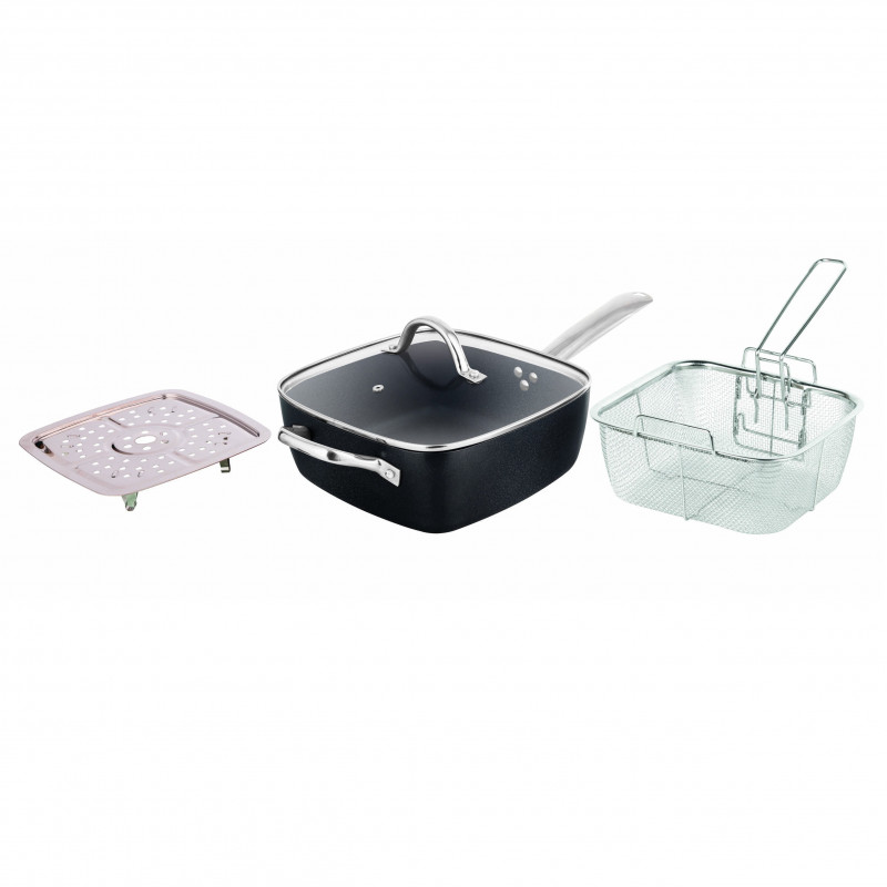 Serpenyő sütőkosárral Oliver Voltz OV51319H4, 24x24x9,5 cm, 4,3 l, Tapadásmentes bevonat, Indukciós, Fekete