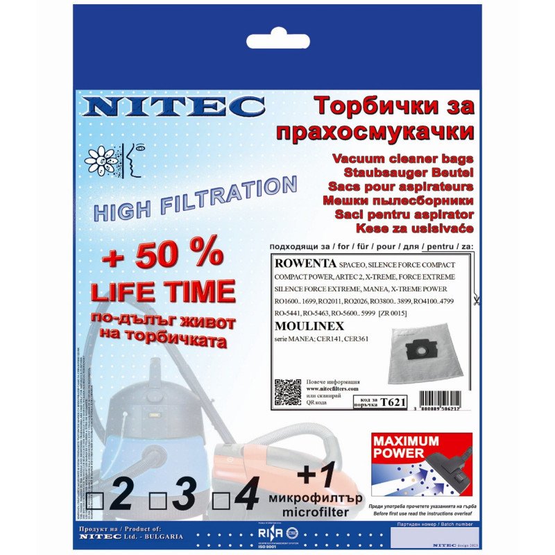 Saci hartie pentru aspiratoare Nitec T621, 3 buc. + 1 microfiltru, alb