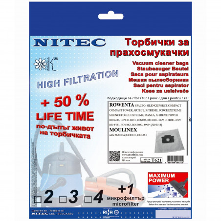 Nitec T621 Vacuum Cleaner Bags, 3 pcs + 1 Microfilter, White