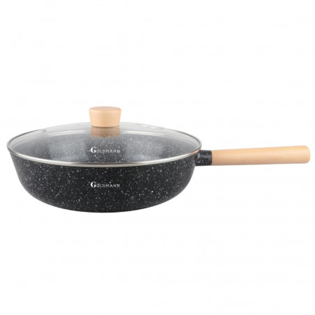 Wok cu capac din sticla Goldmann GM-0130L, 30 x 8.5 cm, Aluminiu turnat, Acoperire ceramica, Inductie, Negru